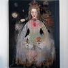 A surreal, painterly portrait artwork of a woman in a pale dress holding flowers, set against a dark background with floating sun-like faces and abstract details. The painting is shown hanging on a light wall.