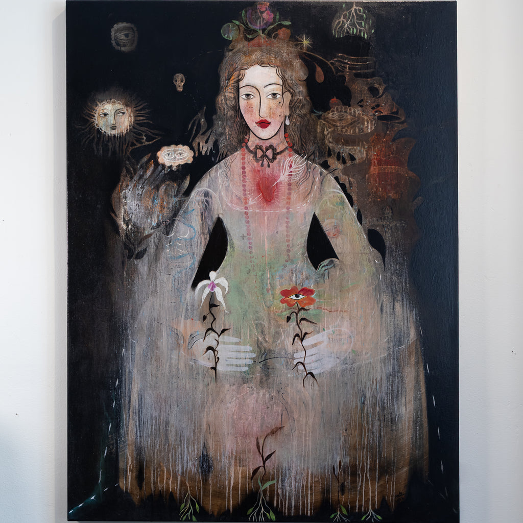 A surreal, painterly portrait artwork of a woman in a pale dress holding flowers, set against a dark background with floating sun-like faces and abstract details. The painting is shown hanging on a light wall.