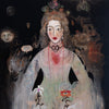 A surreal painted portrait of a woman in a pale green dress with red lips and a black bow, surrounded by dark fantasy elements including a sun face, a skull, and abstract shapes on a black background.