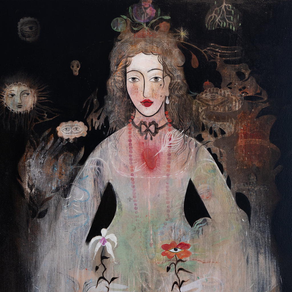 A surreal painted portrait of a woman in a pale green dress with red lips and a black bow, surrounded by dark fantasy elements including a sun face, a skull, and abstract shapes on a black background.