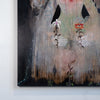 Abstract mixed-media painting on canvas featuring a textured, dripping background in beige, brown, and black, with a white flower and a red flower with a black eye accent.