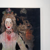A close-up of a mixed-media painting featuring a stylized woman with pale skin, red lips, and a black choker, set against a dark background with surreal botanical and anatomical details.