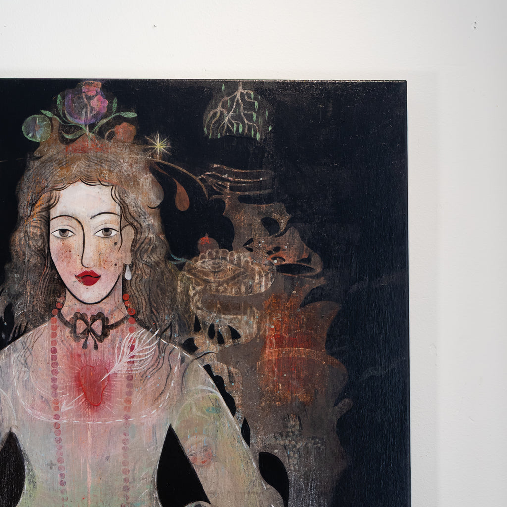 A close-up of a mixed-media painting featuring a stylized woman with pale skin, red lips, and a black choker, set against a dark background with surreal botanical and anatomical details.