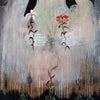 Abstract floral artwork with two stylized flowers above a blurred face-like form, rendered in muted beige, gray, black, brown, white, and coral tones.