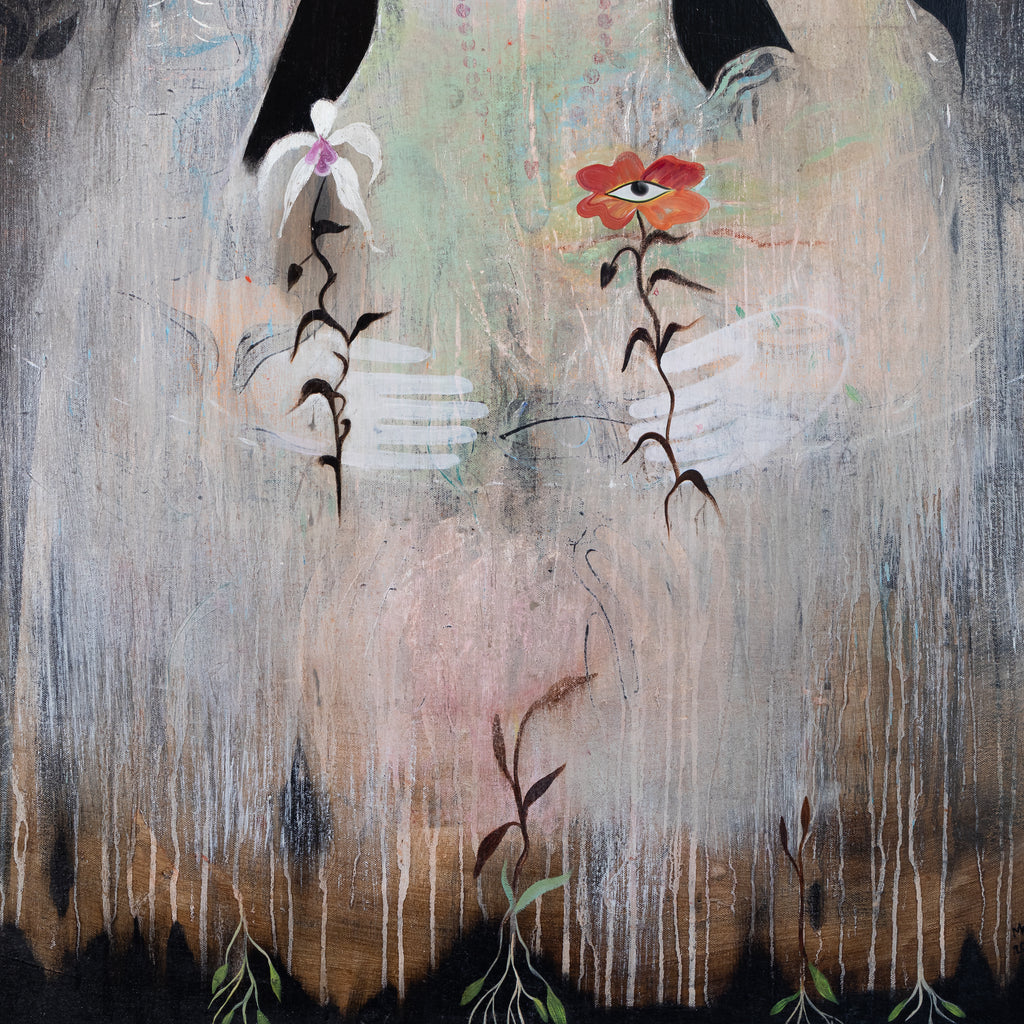 Abstract floral artwork with two stylized flowers above a blurred face-like form, rendered in muted beige, gray, black, brown, white, and coral tones.