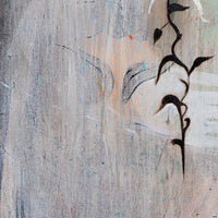 Abstract mixed-media painting featuring textured gray and beige brushstrokes with a vertical black vine motif on the right side.