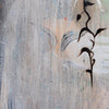 Abstract mixed-media painting featuring textured gray and beige brushstrokes with a vertical black vine motif on the right side.