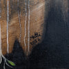 Close-up of an oil painting showing a dark black silhouette against a textured brown background with vertical white streaks and a small green leaf detail. The signature 'Metti 2026' is painted in black near the center.