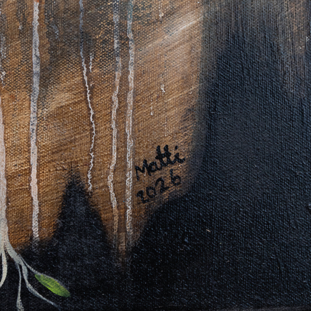 Close-up of an oil painting showing a dark black silhouette against a textured brown background with vertical white streaks and a small green leaf detail. The signature 'Metti 2026' is painted in black near the center.