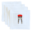 Four white square napkins stacked in a fan arrangement, with a small embroidered cartoon face wearing a red hat and sunglasses on the front napkin.