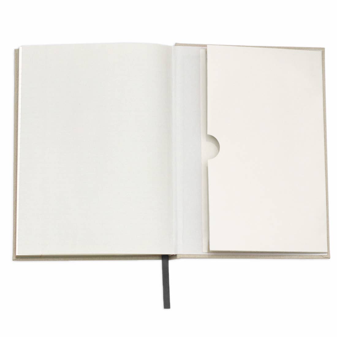 Open notebook with blank pages on a white background