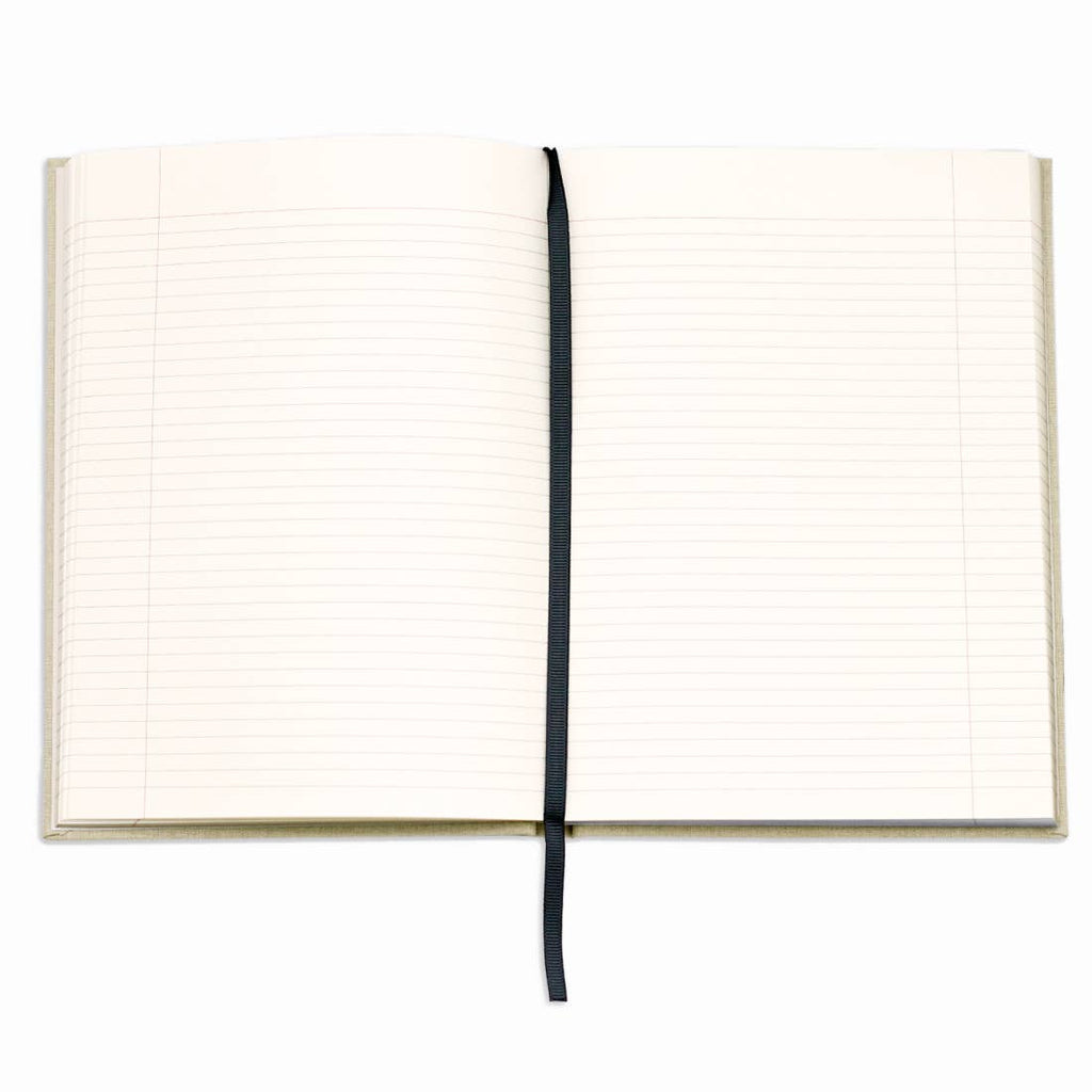 Open notebook with lined pages on a white background