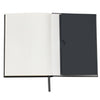 Open notebook with black cover and white pages on a white background