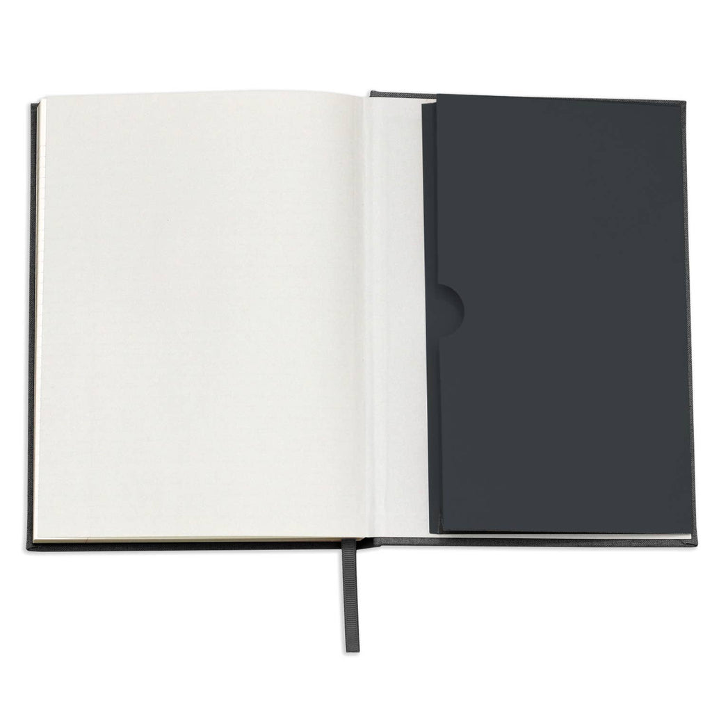 Open notebook with black cover and white pages on a white background