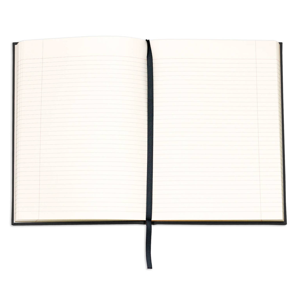 Open notebook with lined pages on a white background